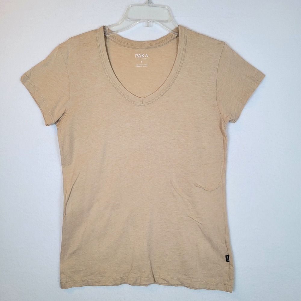 Paka Womens Pima Cotton Alpaca V-Neck Tee Top Size Small Beige Sustainable Eco